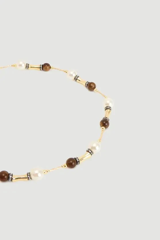 Pearl Beaded Necklace - Gold - 3