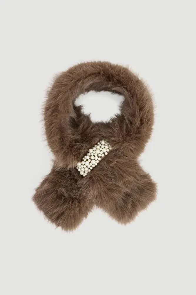 Pearl Embellished Faux Fur Neckwarmer - Mink
