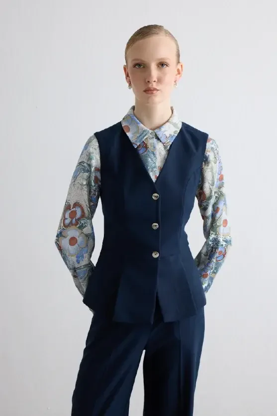 Pilikaşeli Sim Çizgili Yelek - Lacivert - 1