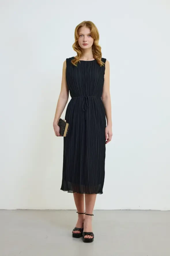 Piliseli Elbise - Siyah - Gusto