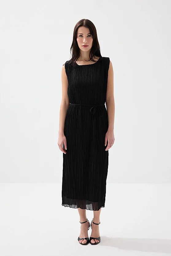 Piliseli Midi Elbise - Siyah - 3