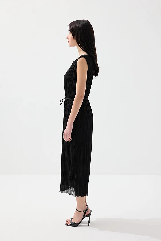 Piliseli Midi Elbise - Siyah - Gusto