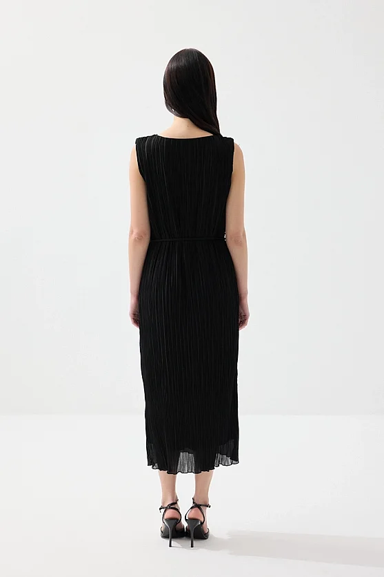 Piliseli Midi Elbise - Siyah - Gusto