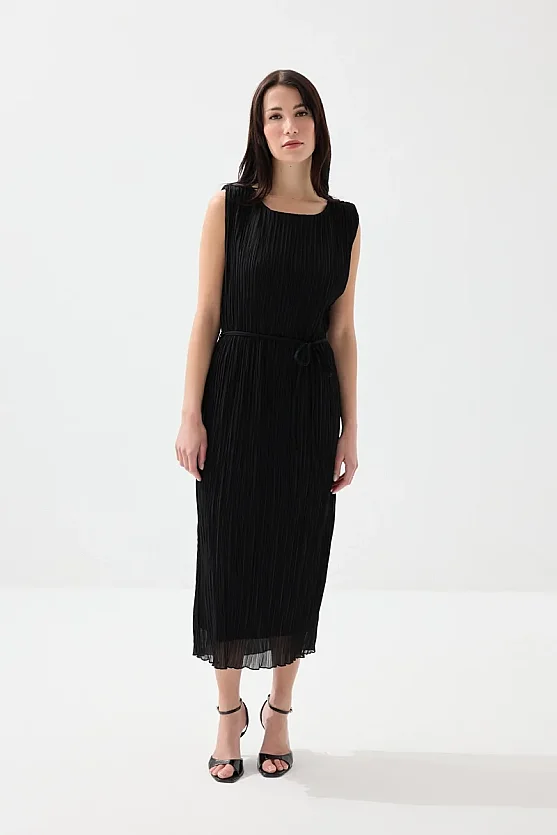 Piliseli Midi Elbise - Siyah - Gusto