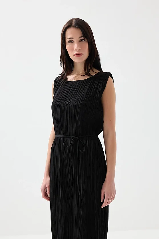 Piliseli Midi Elbise - Siyah - Gusto