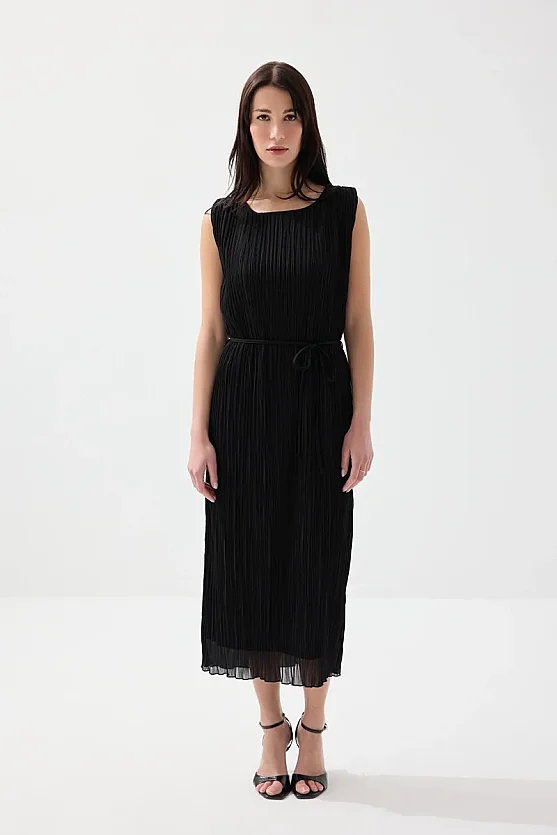 Piliseli Midi Elbise - Siyah - Gusto