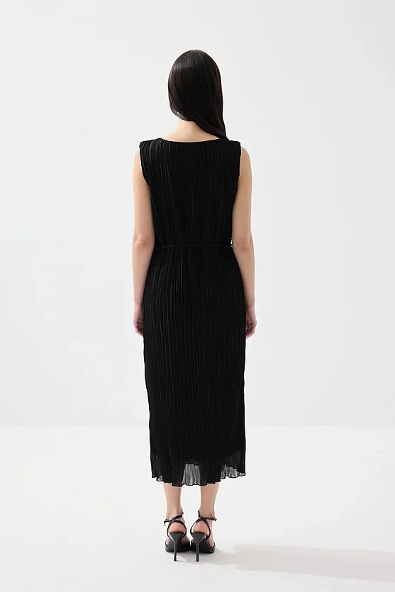 Piliseli Midi Elbise - Siyah - Gusto