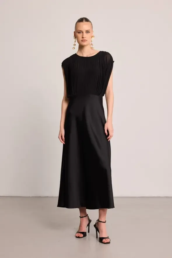 Piliseli Saten Abiye Elbise - Siyah - Gusto