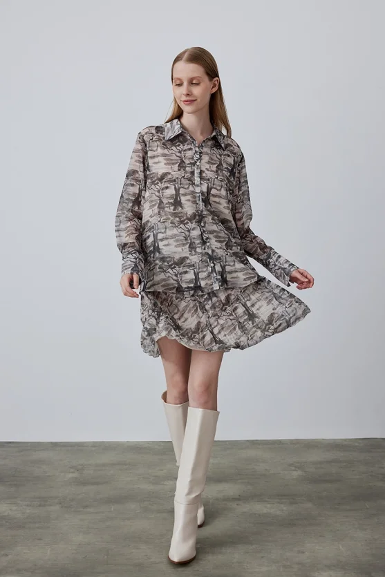 Piliseli Şifon Etek - Vizon - 2