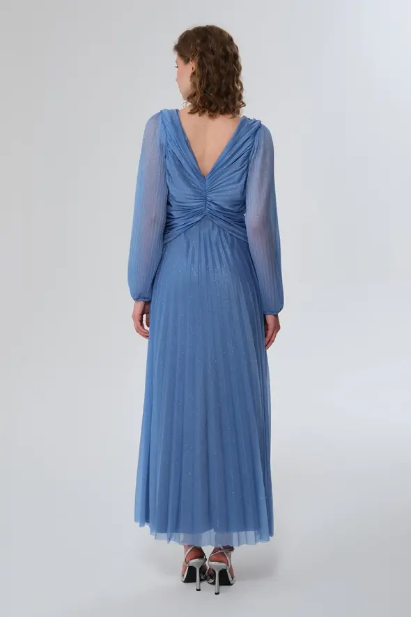 Piliseli Uzun Abiye Elbise - Mavi - 7