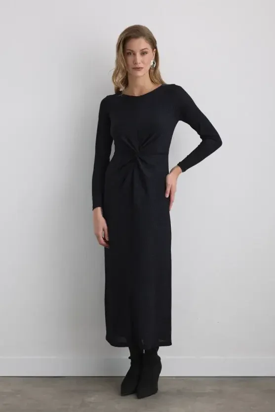 Pırıltılı Uzun Bele Oturan Abiye Elbise - Saks - 1