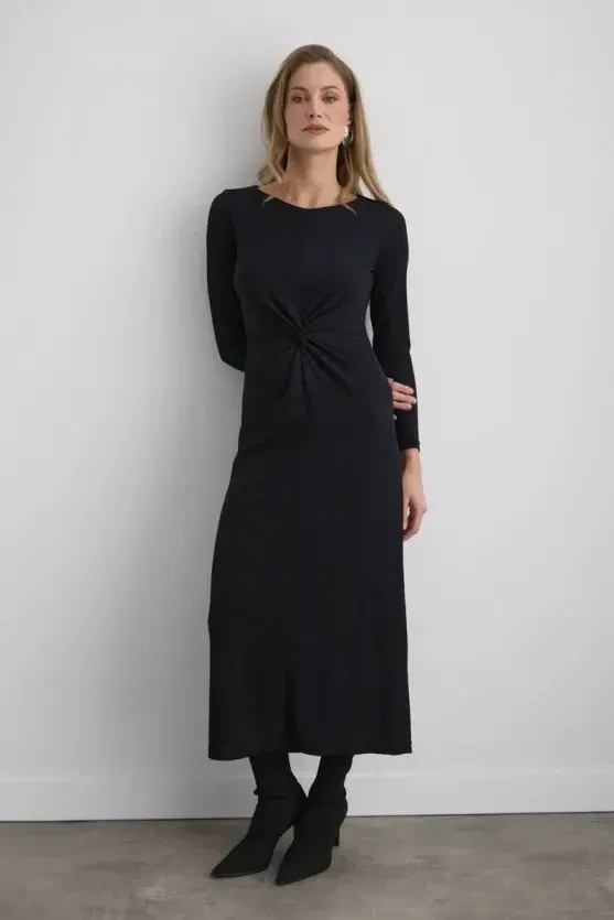 Pırıltılı Uzun Bele Oturan Abiye Elbise - Saks - 5