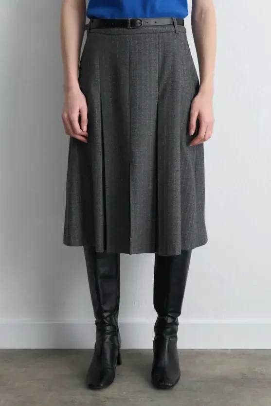 Pleated Wool Long Belted Skirt - Gray - 2