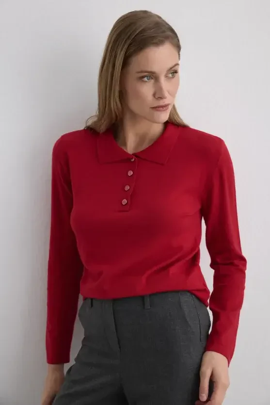 Polo-Neck Buttoned Knit Blouse - Red - 2