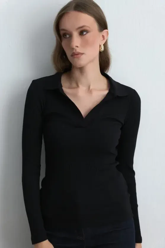 Polo Collar Cotton Knit Blouse - Black - 3