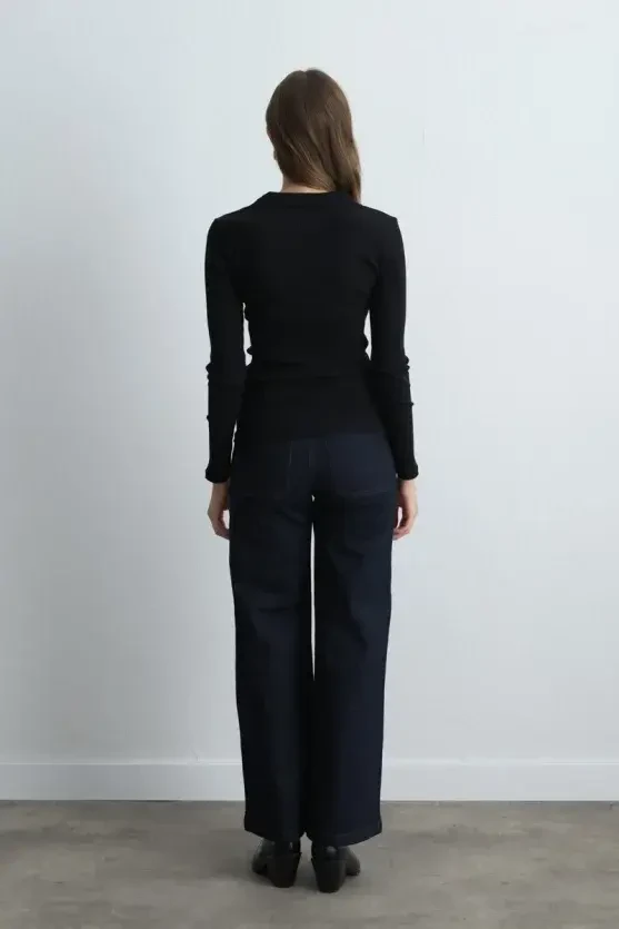 Polo Collar Cotton Knit Blouse - Black - 4