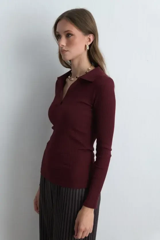 Polo Collar Cotton Knit Blouse - Burgundy - 4