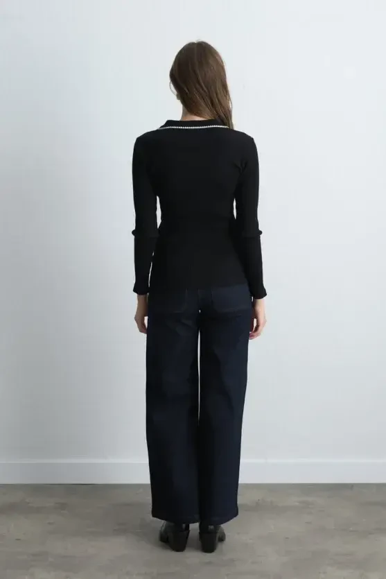 Polo Collar Embroidered Ribbed Blouse - Black - 6