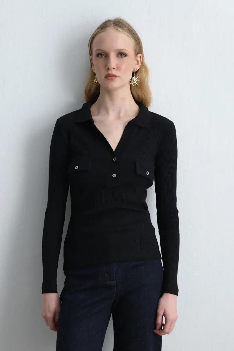 Polo Collar Ribbed Blouse - Black - Gusto