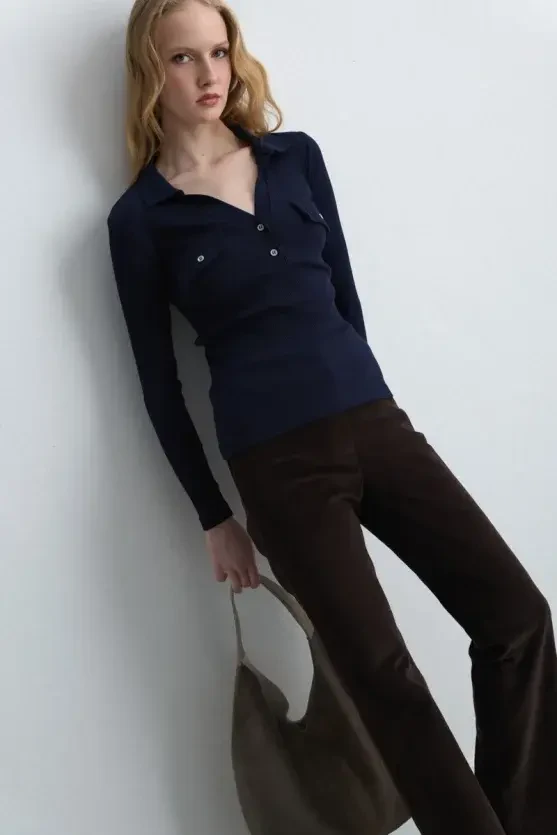 Polo Collar Ribbed Blouse - Navy Blue - 4