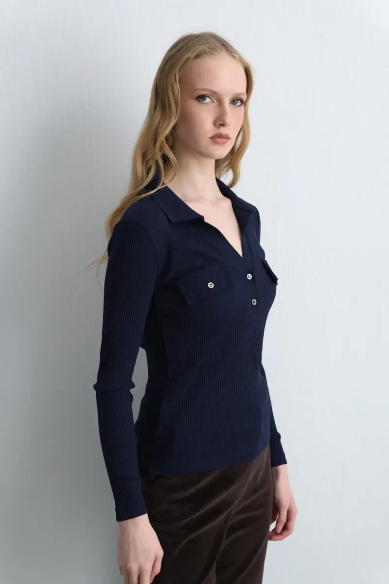 Polo Collar Ribbed Blouse - Navy Blue - Gusto