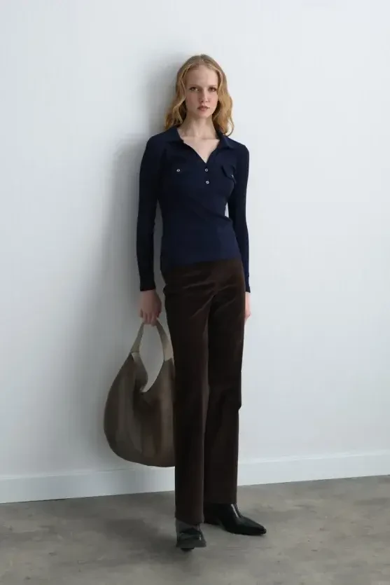 Polo Collar Ribbed Blouse - Navy Blue - 1