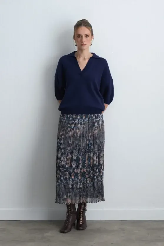 Polo Collar Wool Knit - Navy Blue - Gusto