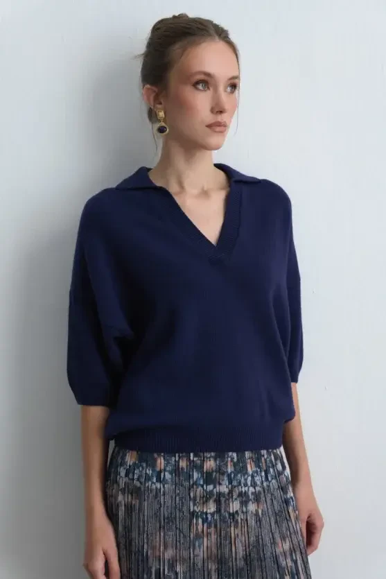 Polo Collar Wool Knit - Navy Blue - Gusto