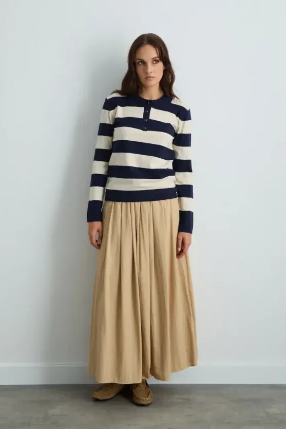 Polo Neck Striped Knit Blouse - Navy Blue - Gusto
