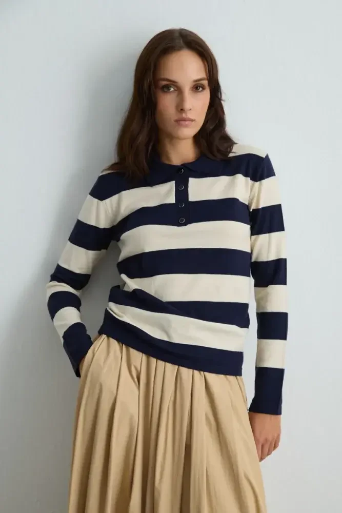 Polo Neck Striped Knit Blouse - Navy Blue