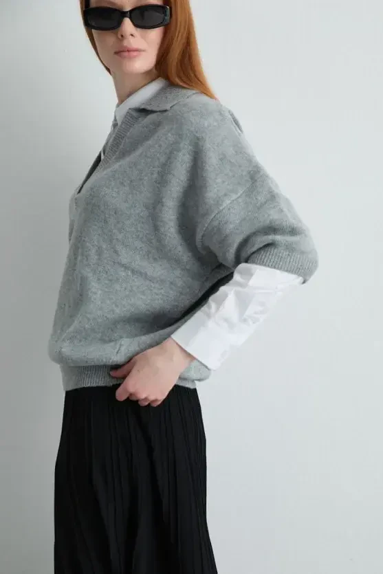 Polo Neck Wool Knit - Gray - 3