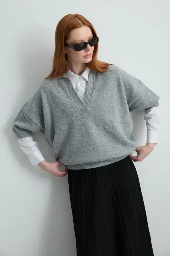 Polo Neck Wool Knit - Gray - Gusto
