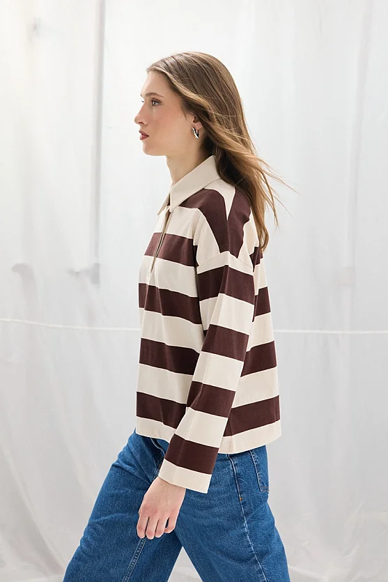 Polo Yaka Çizgili Pamuk Uzun Kollu Tshirt - Kahverengi - 5