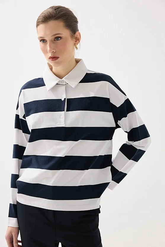 Polo Yaka Çizgili Pamuk Uzun Kollu Tshirt - Lacivert - 4