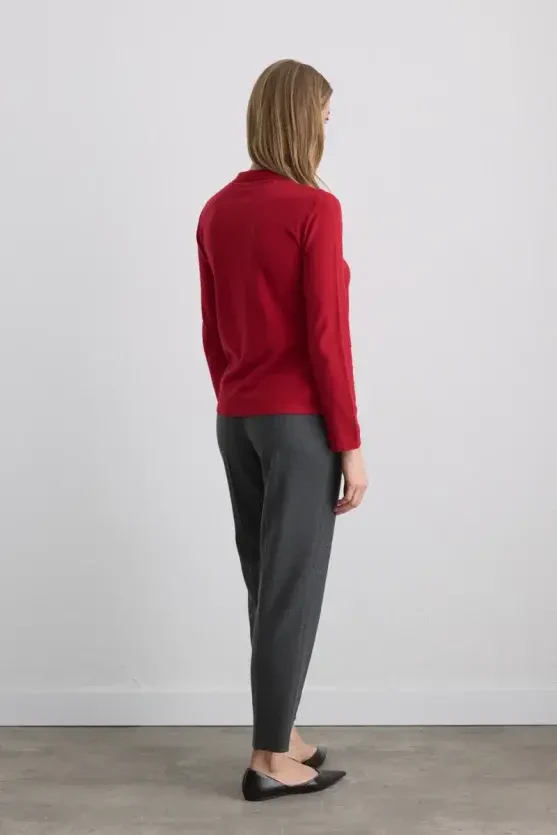 Polo Yaka Düğmeli Triko Bluz - Kırmızı - 4