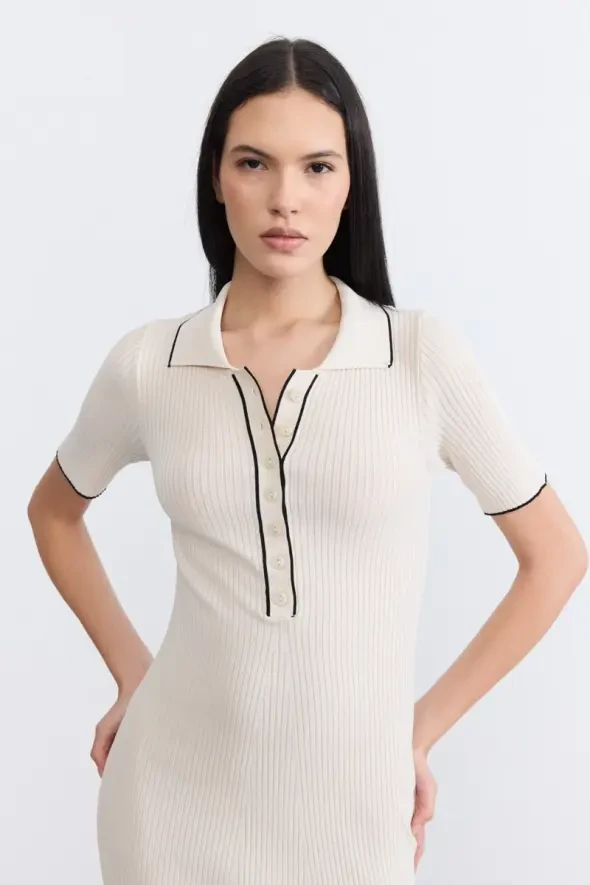 Polo Yaka Düğmeli Triko Elbise - Ekru - 4