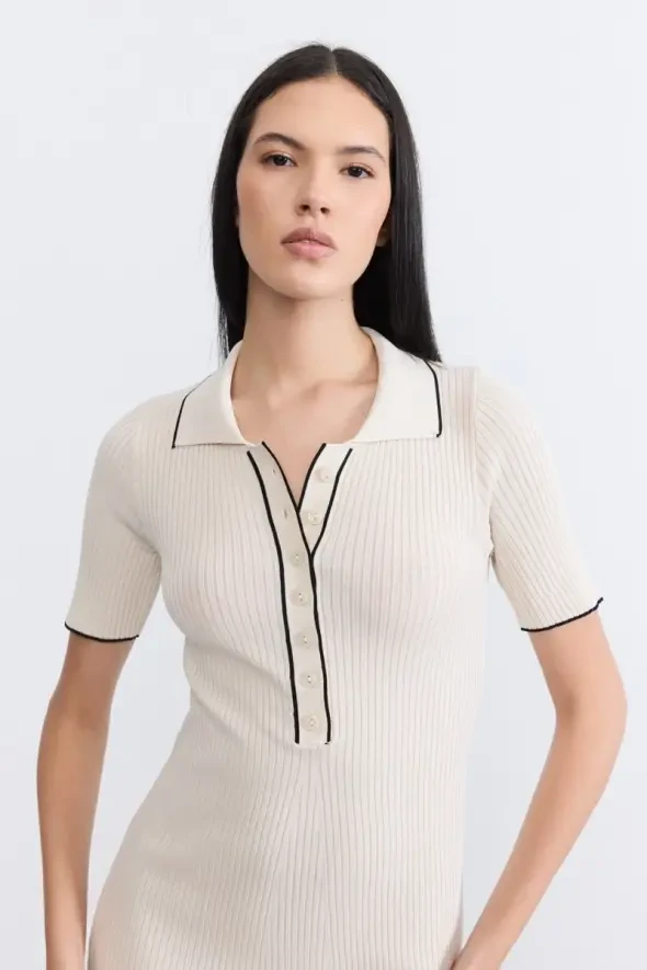 Polo Yaka Düğmeli Triko Elbise - Ekru - 6