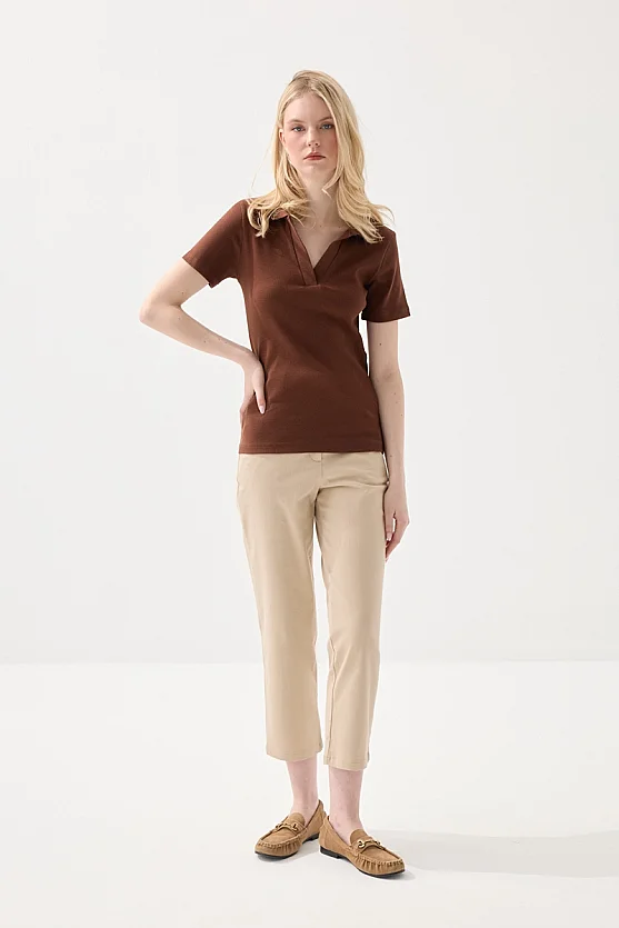 Polo Yaka Kaşkorse T-Shirt - Kahverengi - 2
