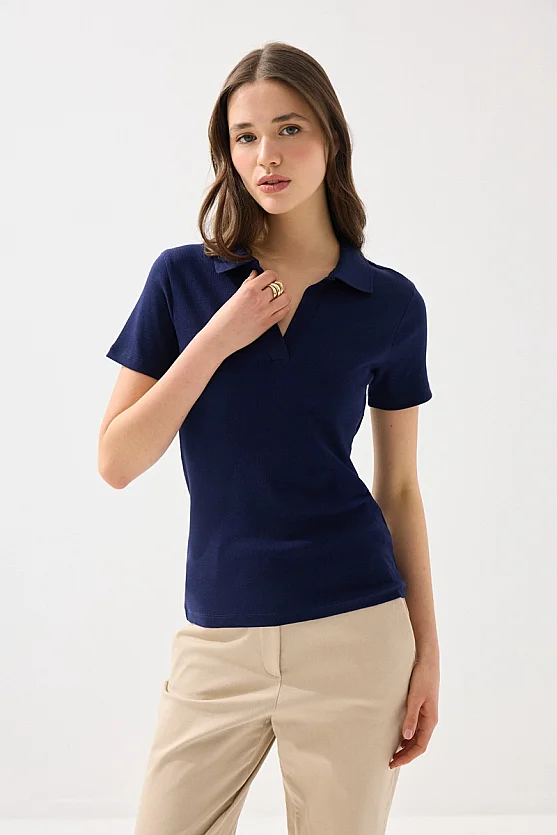 Polo Yaka Kaşkorse Tshirt - Lacivert - 3