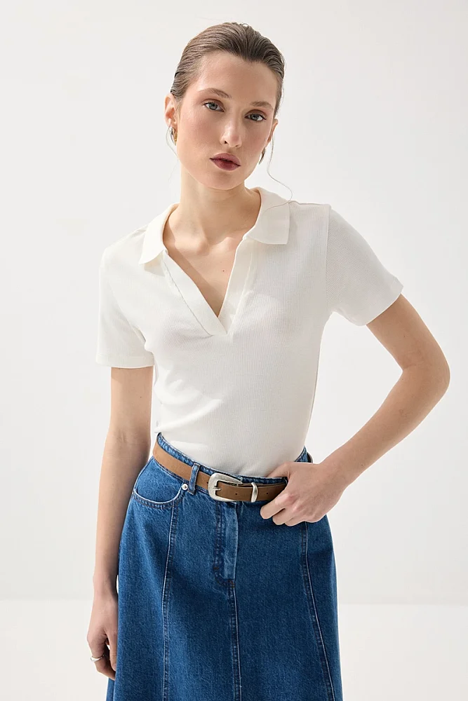Polo Yaka Kaşkorse Tshirt - Beyaz