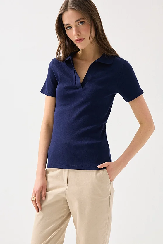 Polo Yaka Kaşkorse Tshirt - Lacivert - 1