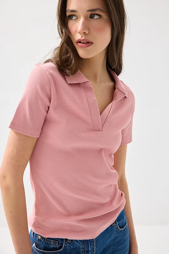 Polo Yaka Kaşkorse Tshirt - Pembe - 4
