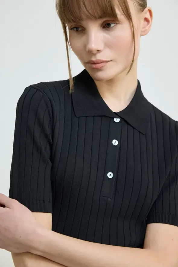 Polo Yaka Kısa Kollu Triko Bluz - Siyah - 3