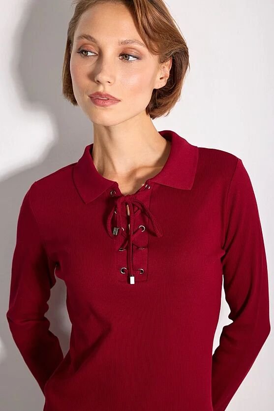 Polo Yaka Kuşgözü Detaylı Pamuk Örme Bluz - Bordo - Gusto