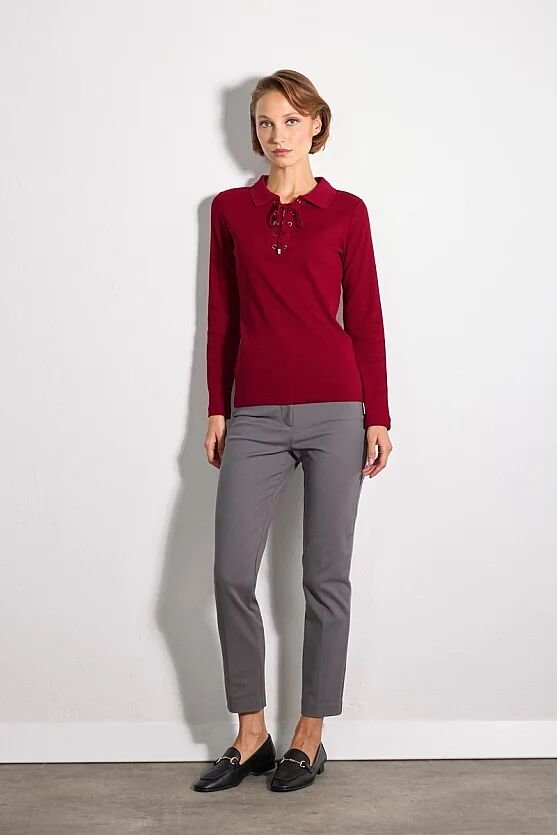 Polo Yaka Kuşgözü Detaylı Pamuk Örme Bluz - Bordo - 2