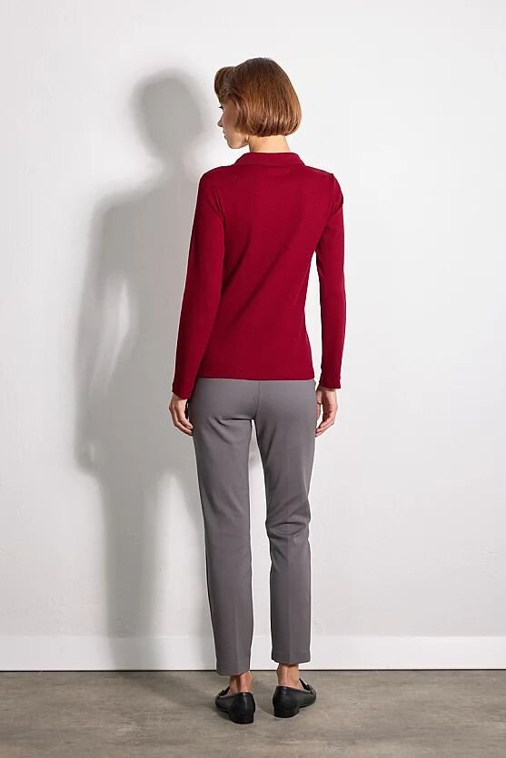 Polo Yaka Kuşgözü Detaylı Pamuk Örme Bluz - Bordo - 6