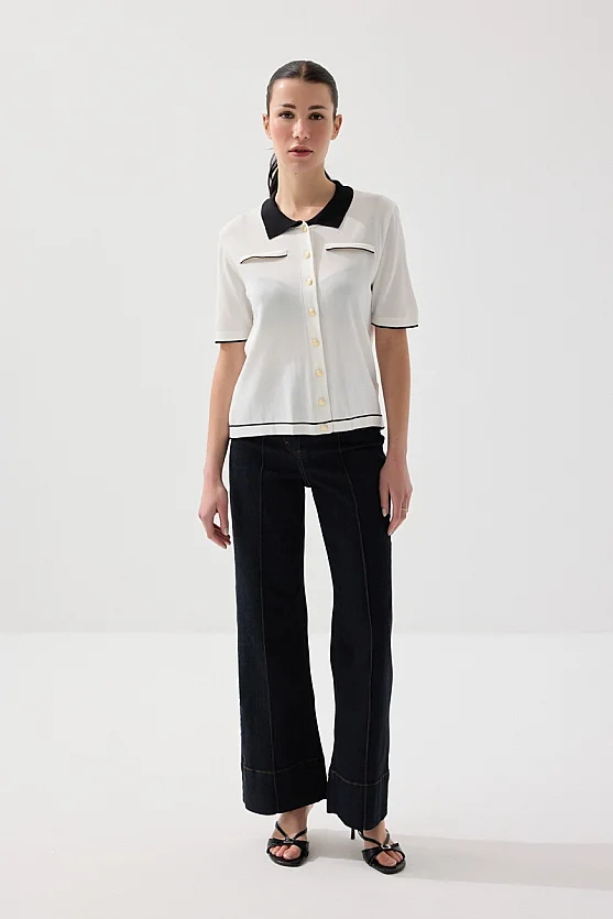 Polo Yaka Merserize Triko Bluz - Beyaz - 2