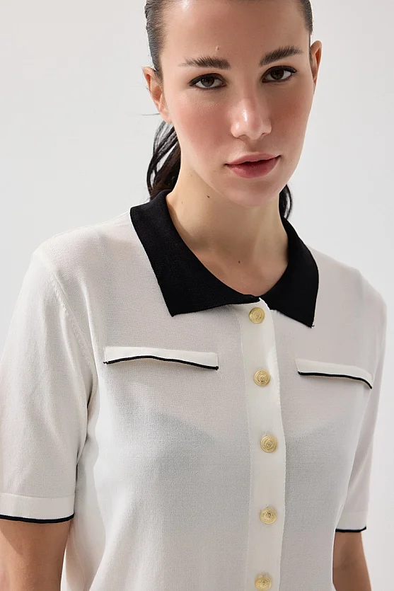 Polo Yaka Merserize Triko Bluz - Beyaz - 5