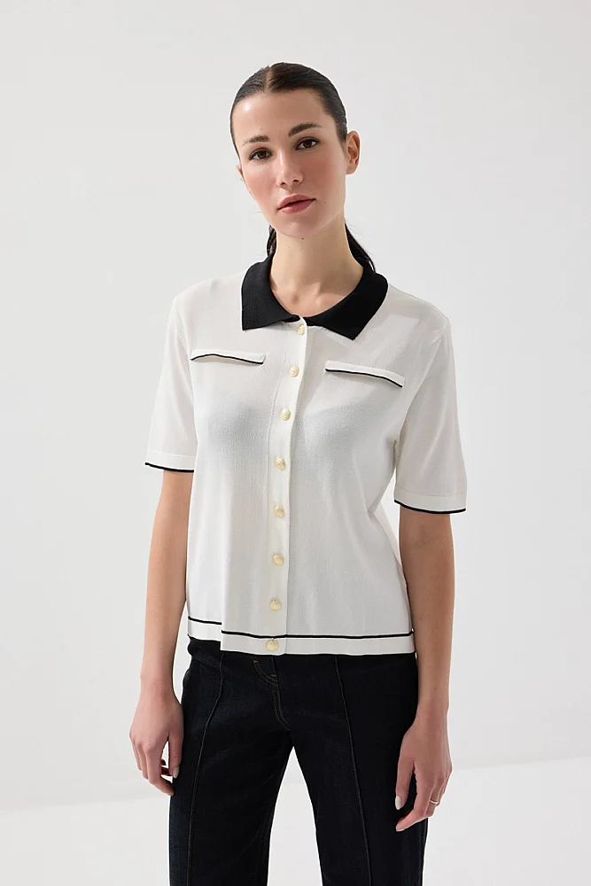 Polo Yaka Merserize Triko Bluz - Beyaz