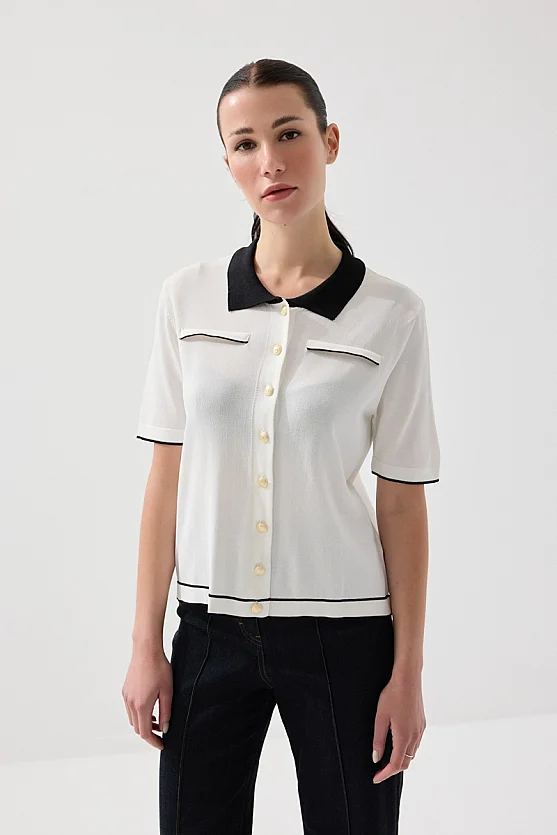 Polo Yaka Merserize Triko Bluz - Beyaz - 1